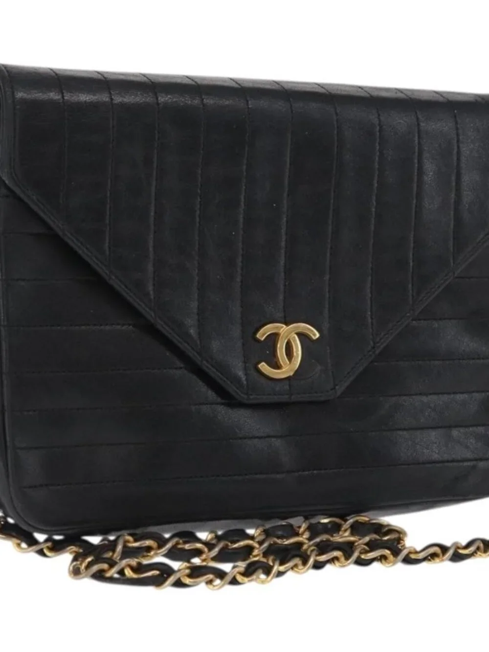CHANEL Mademoiselle Chain Shoulder Bag Lamb Skin Black Gold CC Auth bs21196